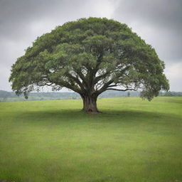 A vast open field covered with lush green grass, situated on a hill. A single rubber tree stands prominently in this tranquil setting on a sunless, overcast day