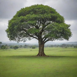 A vast open field covered with lush green grass, situated on a hill. A single rubber tree stands prominently in this tranquil setting on a sunless, overcast day