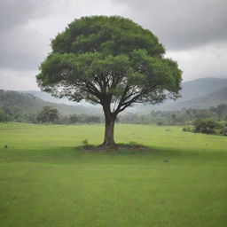 A vast open field covered with lush green grass, situated on a hill. A single rubber tree stands prominently in this tranquil setting on a sunless, overcast day