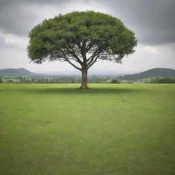 A vast open field covered with lush green grass, situated on a hill. A single rubber tree stands prominently in this tranquil setting on a sunless, overcast day