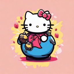 An image of the iconic Hello Kitty, drawn in a cartoon style, holding a round, old-fashioned bomb in her paw