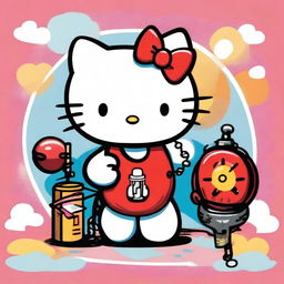 An image of the iconic Hello Kitty, drawn in a cartoon style, holding a round, old-fashioned bomb in her paw