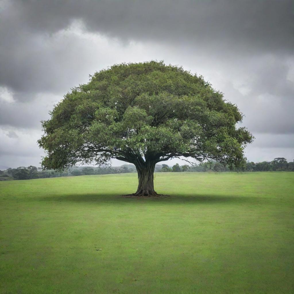 An open field covered in vibrant green grass, situated on a hill. Dominating the scene is a majestic rubber tree, its leaves a deep, glossy green. The sky above is devoid of the sun, instead filled with moody, overcast clouds.