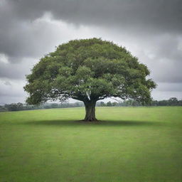 An open field covered in vibrant green grass, situated on a hill. Dominating the scene is a majestic rubber tree, its leaves a deep, glossy green. The sky above is devoid of the sun, instead filled with moody, overcast clouds.