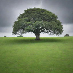 An open field covered in vibrant green grass, situated on a hill. Dominating the scene is a majestic rubber tree, its leaves a deep, glossy green. The sky above is devoid of the sun, instead filled with moody, overcast clouds.