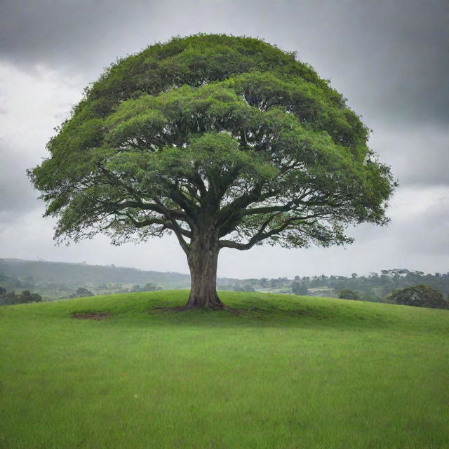 An open field covered in vibrant green grass, situated on a hill. Dominating the scene is a majestic rubber tree, its leaves a deep, glossy green. The sky above is devoid of the sun, instead filled with moody, overcast clouds.