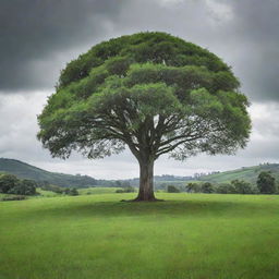 An open field covered in vibrant green grass, situated on a hill. Dominating the scene is a majestic rubber tree, its leaves a deep, glossy green. The sky above is devoid of the sun, instead filled with moody, overcast clouds.