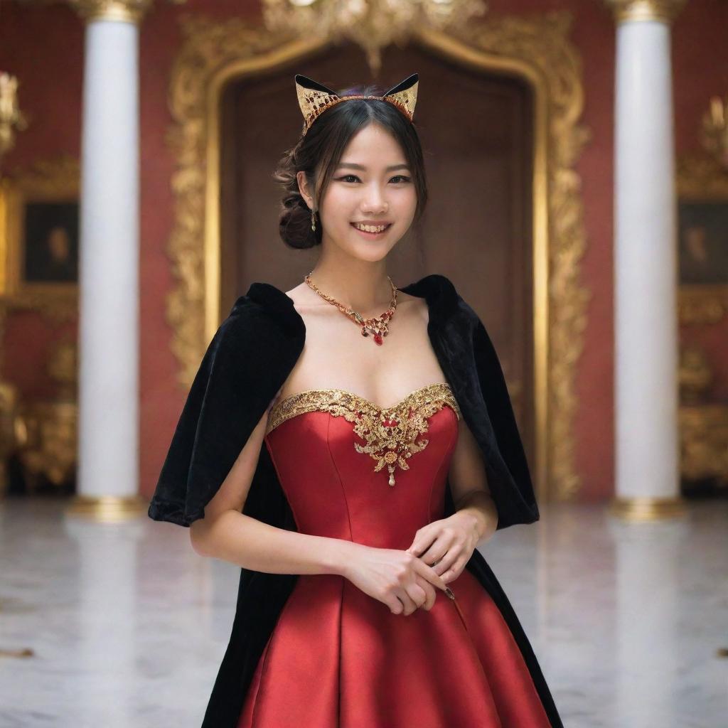 A cheerful young Asian woman in a red dress and black cape, adorned with gold jewelry and cat ears, holding a knife while located in an opulent palace.