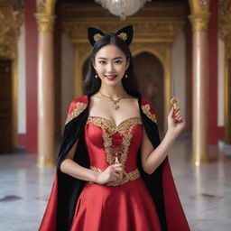 A cheerful young Asian woman in a red dress and black cape, adorned with gold jewelry and cat ears, holding a knife while located in an opulent palace.