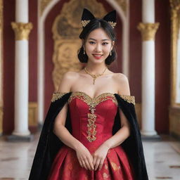 A cheerful young Asian woman in a red dress and black cape, adorned with gold jewelry and cat ears, holding a knife while located in an opulent palace.