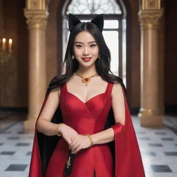 A cheerful young Asian woman in a red dress and black cape, adorned with gold jewelry and cat ears, holding a knife while located in an opulent palace.