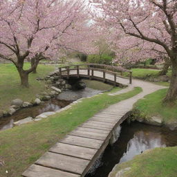 A tranquil garden path in spring with blooming cherry blossom trees, a small wooden bridge over a calm stream, and birds chirping in the background.