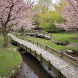 A tranquil garden path in spring with blooming cherry blossom trees, a small wooden bridge over a calm stream, and birds chirping in the background.