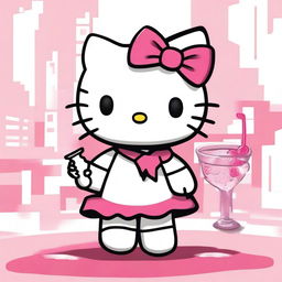 A high-quality image, drawn in a cartoon style, featuring the iconic character, Hello Kitty