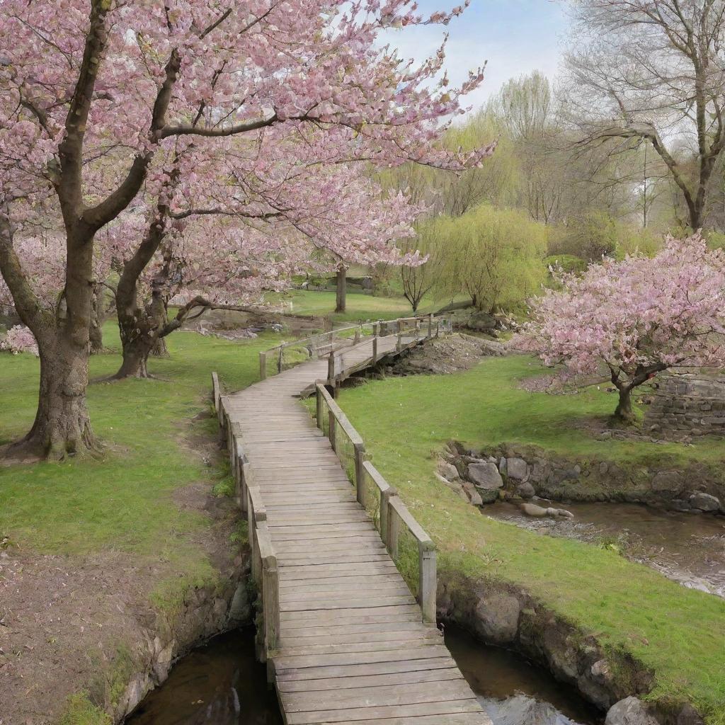 A tranquil garden path in spring with blooming cherry blossom trees, a small wooden bridge over a calm stream, and birds chirping in the background.