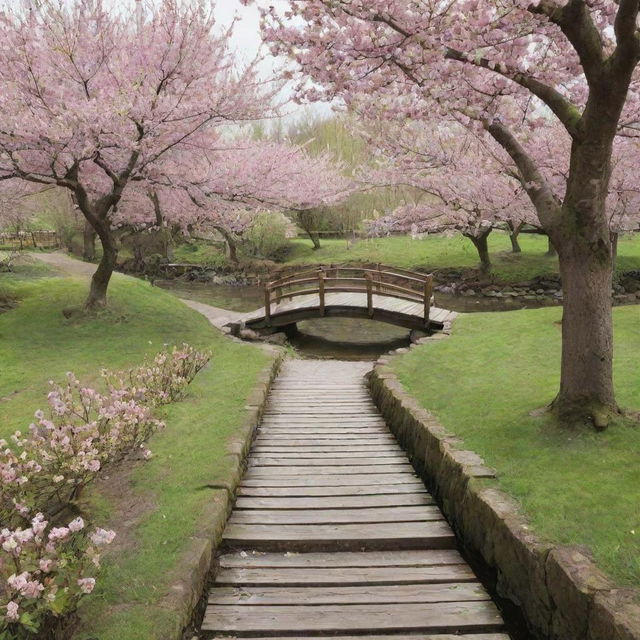 A tranquil garden path in spring with blooming cherry blossom trees, a small wooden bridge over a calm stream, and birds chirping in the background.