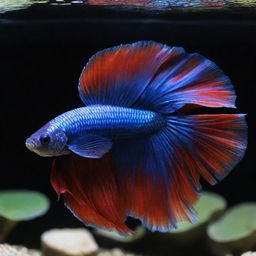 A vibrant and stunning betta fish, displaying its iridescent and flowy fins as it gracefully moves in clear water.