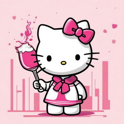 A high-quality, cartoon-style image depicts the iconic Hello Kitty in her classic white and pink colors, complete with her signature red bow
