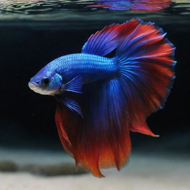 A vibrant and stunning betta fish, displaying its iridescent and flowy fins as it gracefully moves in clear water.