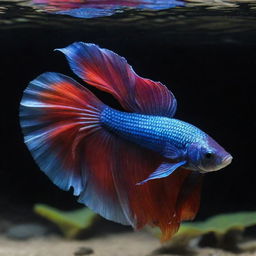 A vibrant and stunning betta fish, displaying its iridescent and flowy fins as it gracefully moves in clear water.