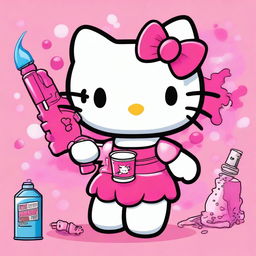 A high-quality, cartoon-style image of Hello Kitty holding a Molotov cocktail in her paw