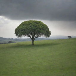 A vast open field of lush green grass on a hill, reaching towards the horizon, with a solitary rubber tree sitting majestically in its midst. The day is sunless, with a moody, overcast sky casting subtle light over the landscape.