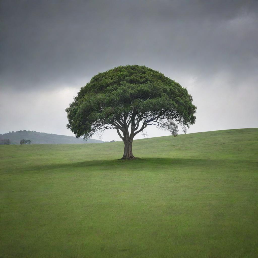 A vast open field of lush green grass on a hill, reaching towards the horizon, with a solitary rubber tree sitting majestically in its midst. The day is sunless, with a moody, overcast sky casting subtle light over the landscape.