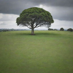 A vast open field of lush green grass on a hill, reaching towards the horizon, with a solitary rubber tree sitting majestically in its midst. The day is sunless, with a moody, overcast sky casting subtle light over the landscape.