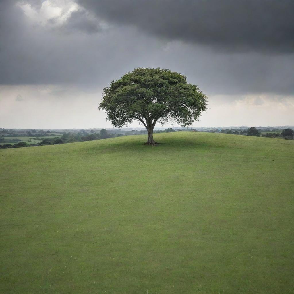 A vast open field of lush green grass on a hill, reaching towards the horizon, with a solitary rubber tree sitting majestically in its midst. The day is sunless, with a moody, overcast sky casting subtle light over the landscape.