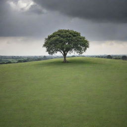 A vast open field of lush green grass on a hill, reaching towards the horizon, with a solitary rubber tree sitting majestically in its midst. The day is sunless, with a moody, overcast sky casting subtle light over the landscape.