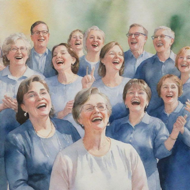 A watercolor painting depicting a group of people joyously celebrating the choir group anniversary