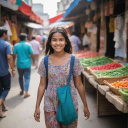 A young girl leisurely strolling through a bustling market, attention captivated by colorful stalls and diverse goods around her.