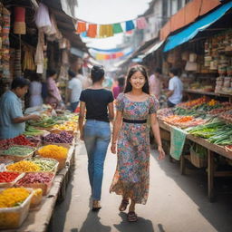 A young girl leisurely strolling through a bustling market, attention captivated by colorful stalls and diverse goods around her.