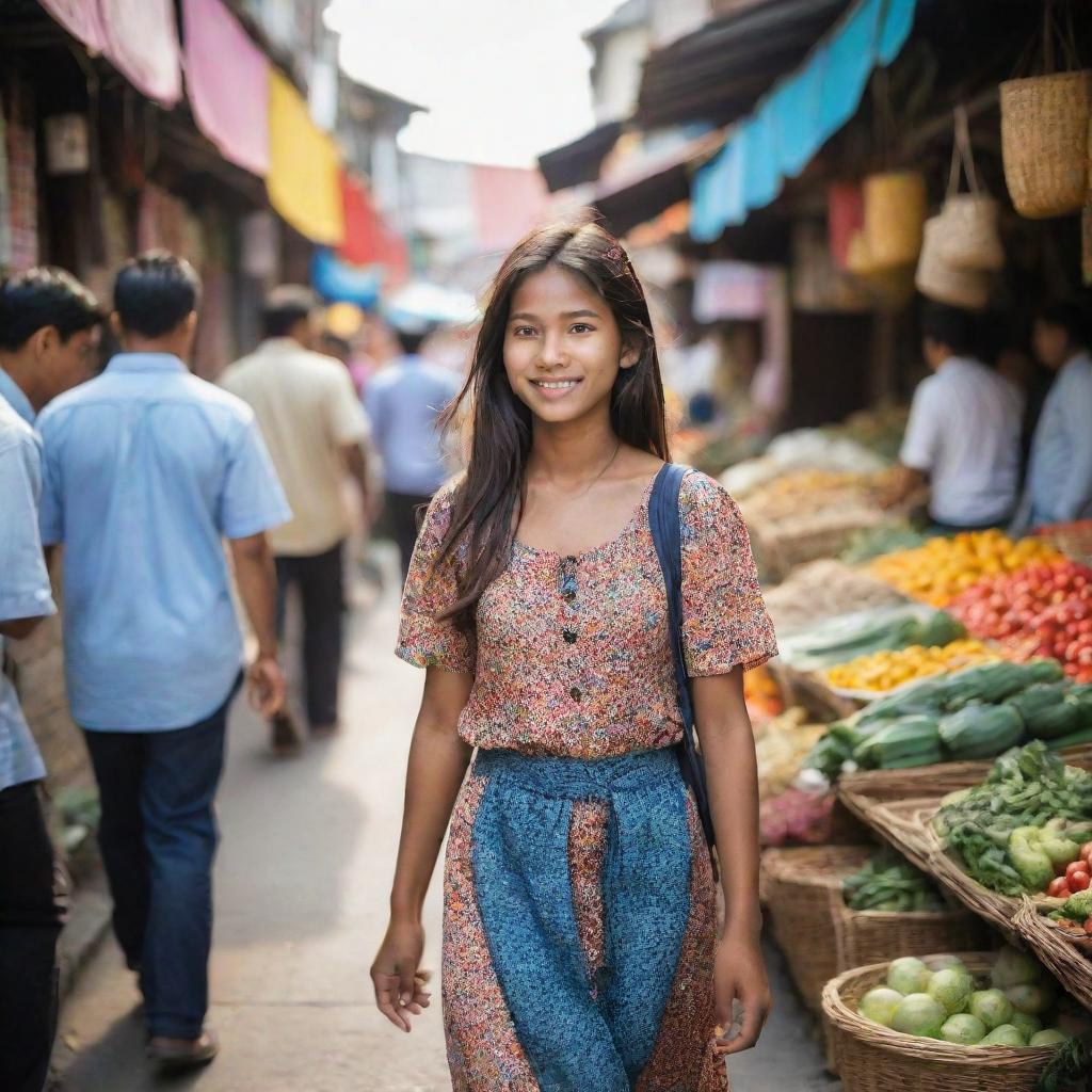 A young girl leisurely strolling through a bustling market, attention captivated by colorful stalls and diverse goods around her.