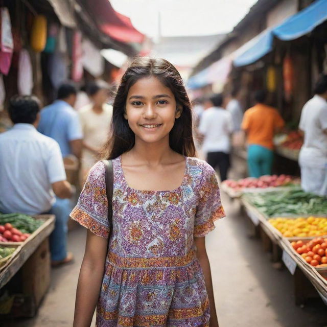 A young girl leisurely strolling through a bustling market, attention captivated by colorful stalls and diverse goods around her.