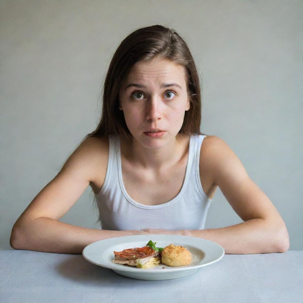 A young woman with a hungry expression, her hands resting on her stomach as she gazes longingly at an empty plate.