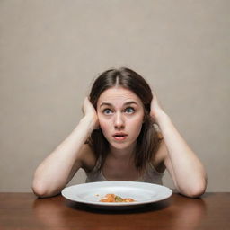 A young woman with a hungry expression, her hands resting on her stomach as she gazes longingly at an empty plate.