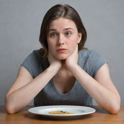 A young woman with a hungry expression, her hands resting on her stomach as she gazes longingly at an empty plate.