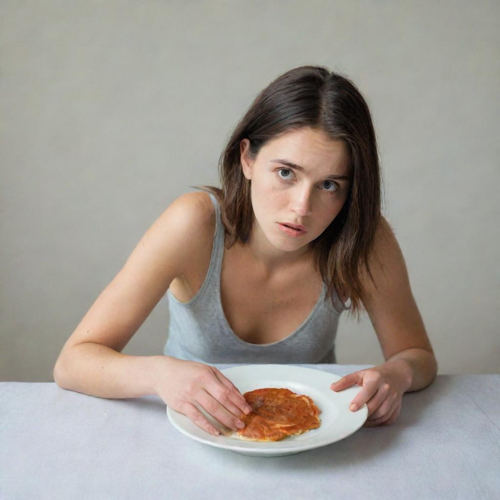 A young woman with a hungry expression, her hands resting on her stomach as she gazes longingly at an empty plate.