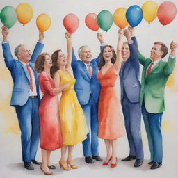 A watercolor painting of joyful group celebration for an anniversary, rich of details and vibrant colors, with a subtle background.