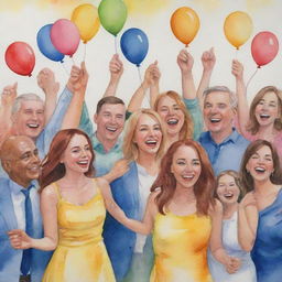 A watercolor painting of joyful group celebration for an anniversary, rich of details and vibrant colors, with a subtle background.