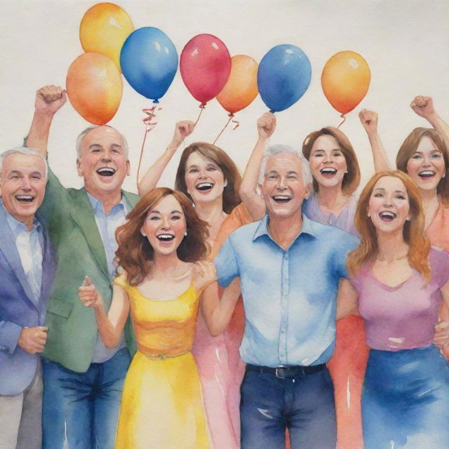 A watercolor painting of joyful group celebration for an anniversary, rich of details and vibrant colors, with a subtle background.