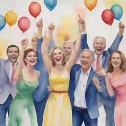 A watercolor painting of joyful group celebration for an anniversary, rich of details and vibrant colors, with a subtle background.