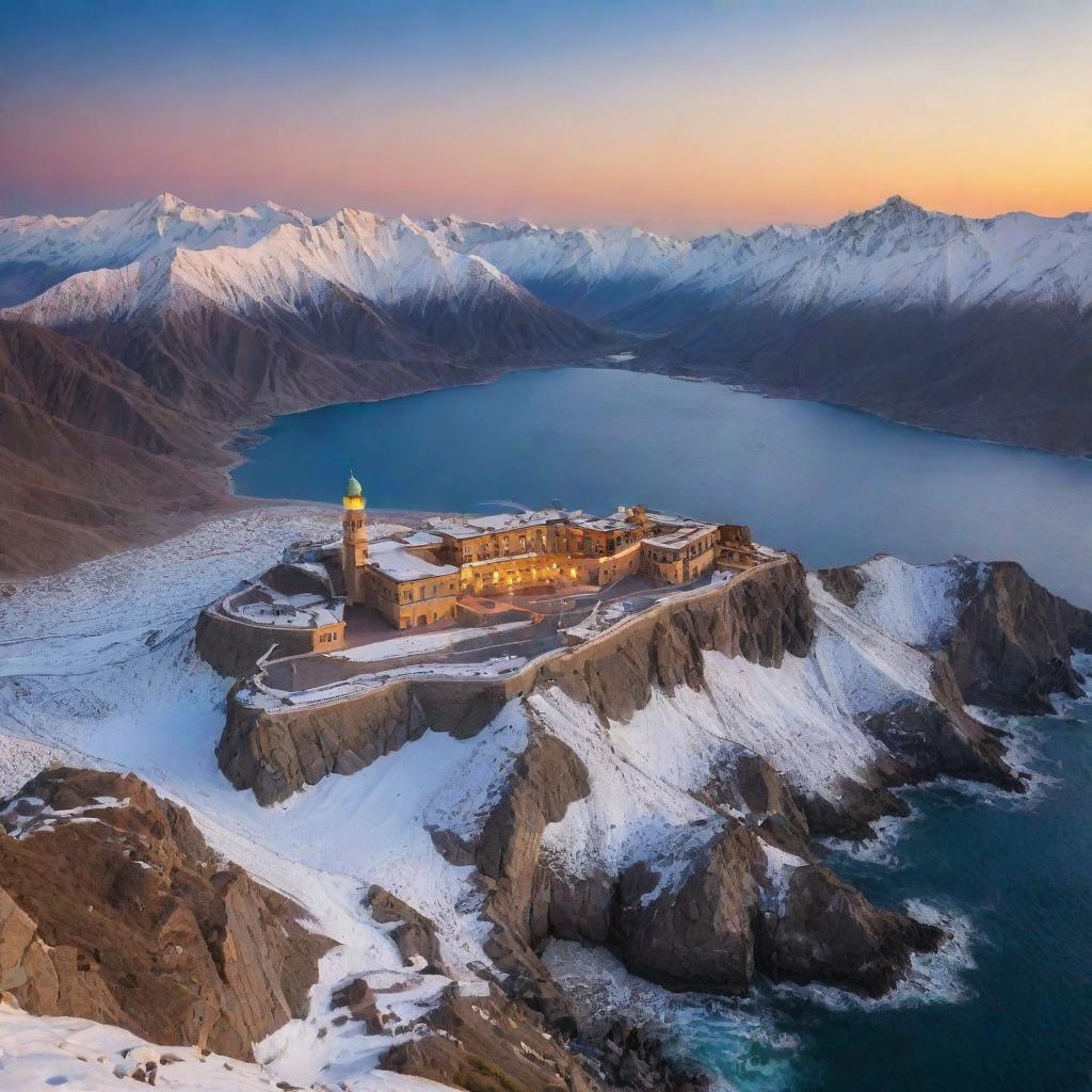 The name 'Ihsan Ullah Shah' in elegant calligraphy, surrounded by a stunning backdrop of epic natural beauty, such as mountains covered in snow or a glowing sunset over the ocean.