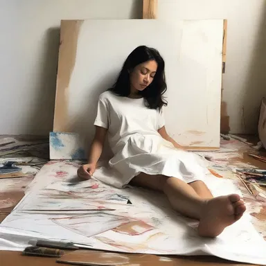 After tirelessly working on her masterpiece for hours, the artist conked out and fell asleep next to her canvas.