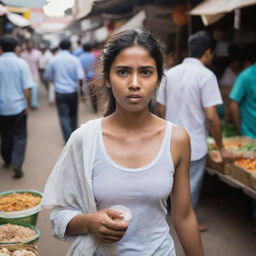 A young woman walking in a bustling market, her eyes wide and stomach growling in hunger as she wanders past various food stalls.