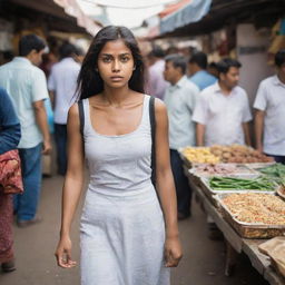 A young woman walking in a bustling market, her eyes wide and stomach growling in hunger as she wanders past various food stalls.