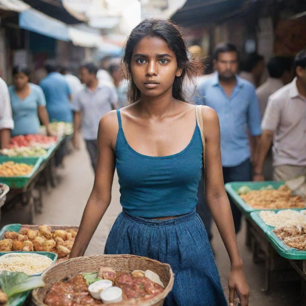 A young woman walking in a bustling market, her eyes wide and stomach growling in hunger as she wanders past various food stalls.