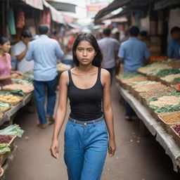 A young woman walking in a bustling market, her eyes wide and stomach growling in hunger as she wanders past various food stalls.