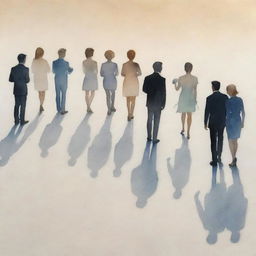 A delicate watercolor painting of people's shadows joyously celebrating an anniversary, cast against a softly tinted backdrop.